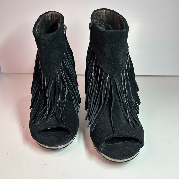 Libby Edelman Women's Bellamy Black Suede Fringe Boho Peep-toe Booties Size 8.5 - Picture 5 of 14